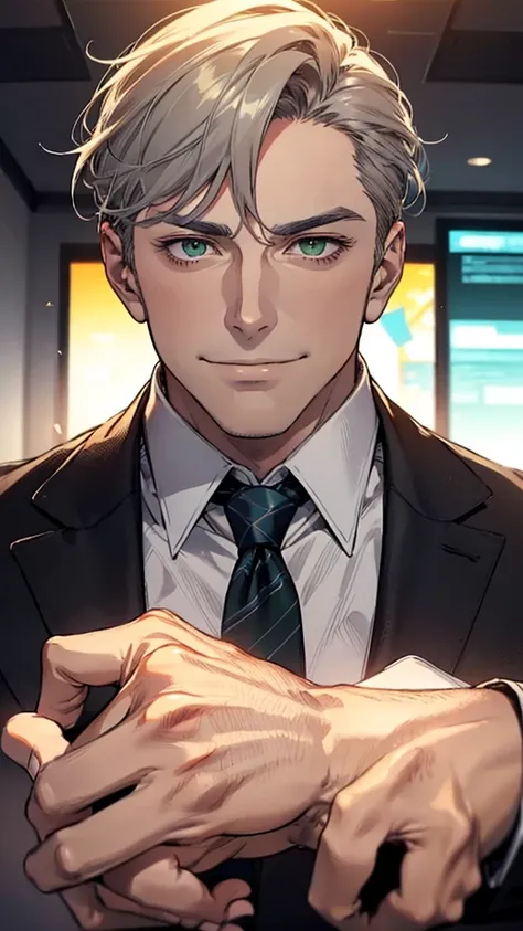 a middle-aged man with beautiful skin, a very handsome face, an impassive yet passionate smile, short brown and gray hair, sharp green eyes, a perfect face, a businessman, CEO, in an office background, cinematic lighting, HDR image, usando óculos.