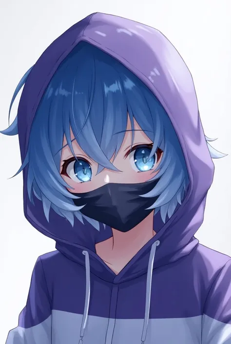 High Resolution, Blue eyes, Short Hair, Simple background, Blue Hair, Mask, and wearing purple white mix colour hoodi a boy character anime style age 19
