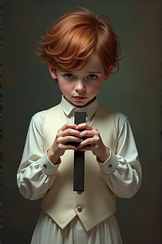  A red-haired brunette boy in white church clothes,holding a cross and with an expression of fear .