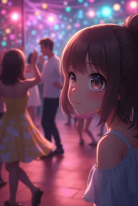   A girl at a party watching others dance, anime