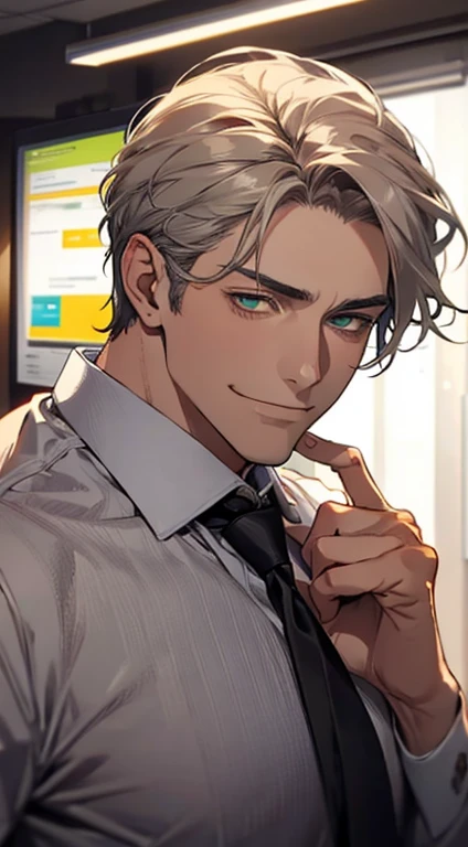 a middle-aged man with beautiful skin, a very handsome face, an impassive yet passionate smile, short brown and gray hair, sharp green eyes, a perfect face, a businessman, CEO, in an office background, cinematic lighting, HDR image, usando óculos.