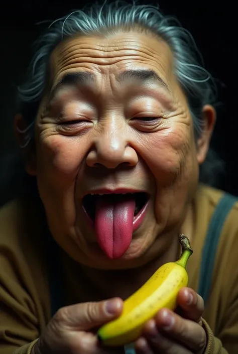 Japanese obese old woman opens her thick red lips、Stick your tongue out、Close your eyes、Light it from the front 、Ugly、 with a banana in one hand、  close-up photo