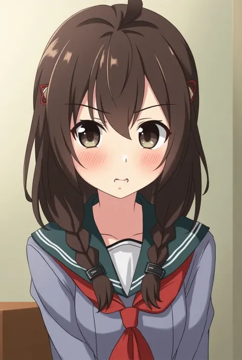  An anime girl Kaguya-Sama, Brown hair, dark eyes, medium hair, interesting hairstyle , uniforme colegial, irritated, slightly blushed, Rigid look, moderate hair