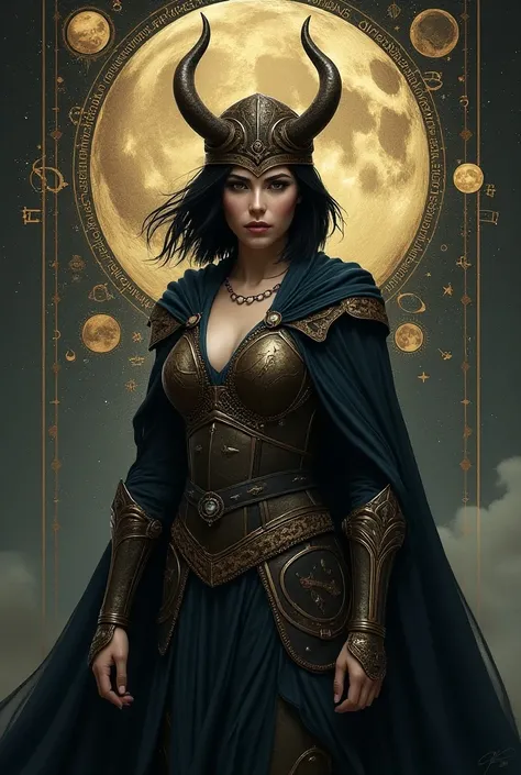 A woman dressed as a Valkyrie , who has short shoulder-length hair that is black and straight, and with astrological and planetary symbols and icons around 