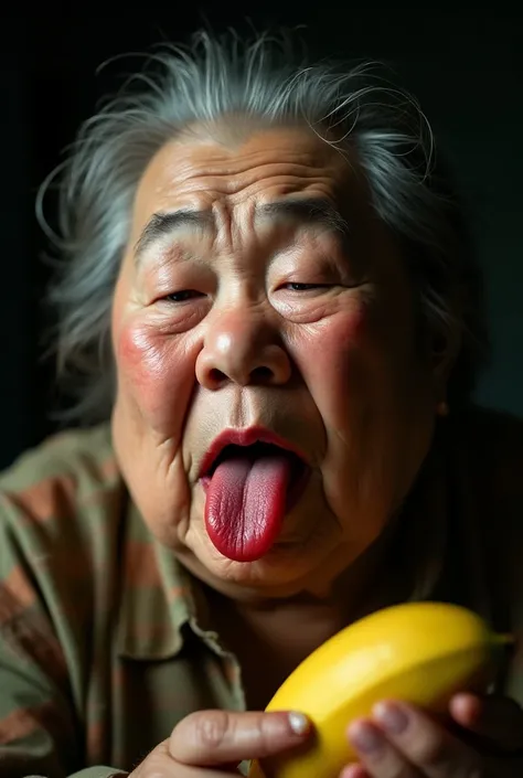 Japanese obese old woman opens her thick red lips、Stick your tongue out、Close your eyes、Light it from the front 、Ugly、 with a banana in one hand、  close-up photo