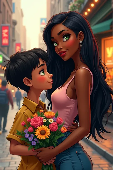 A black woman with straight hair and green eyes standing next to a boy with a bouquet of flowers on a street corner and a small bar