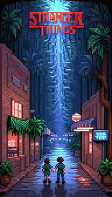 a pixel art,8bit,retro monochromatic game style, pixelized stranger things themed street, pixel heroes and main antagonist,intricate,monochromatic colors ,dynamic retro composition,dramatic lighting, big title text: Stranger Things