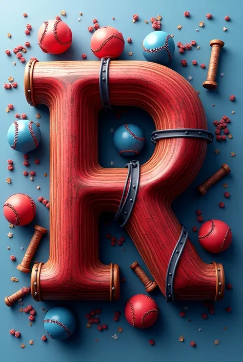 Letter R with bat and baseball balls in blue and red