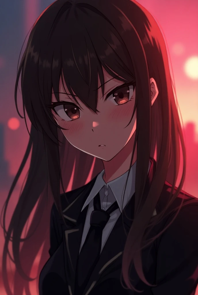 a beautiful anime girl, kaguya-sama, medium brown hair, dark brown eyes, interesting hairstyle, black school uniform, angry expression, slightly blushed cheeks, stern gaze, detailed fac, 8k, high quality, cinematic lighting, vibrant colors, digital art