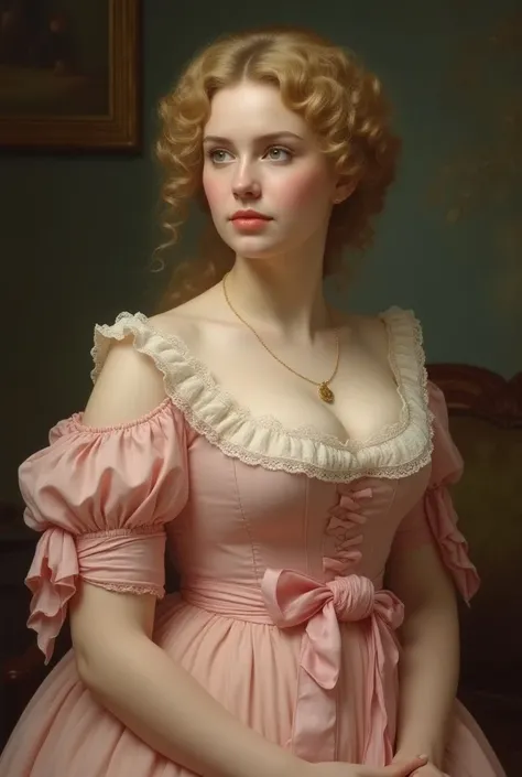  masterpiece ), (detailed), (High quality),  of a beautiful 20-year-old Victorian woman eyes colors plump green, curly blonde hair, milk-white skin tied in a bow ,  wide hips,  Victorian dress from 1848 in pastel pink , plump body 