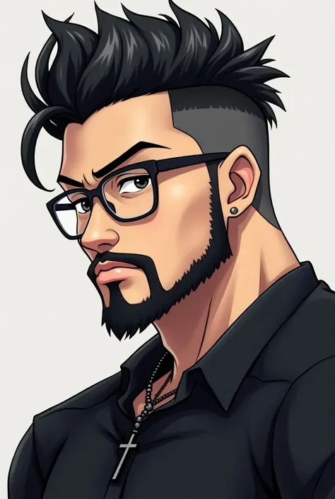 A profile picture for me from anime ,  I wear glasses I go to the gym and I have a gradient in the comb half with 2 fingers of hair on top, black hair, with a sharp beard and clear ,  with a black shirt and a black cross chain