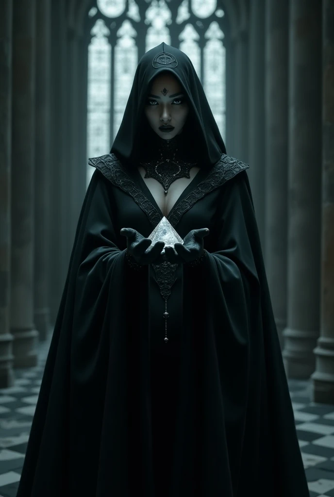 A sinister Gothic goddess holds a crystal tetrahedron