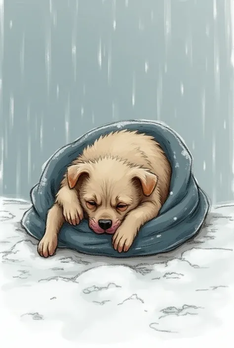  Drawing of a dog showing signs of hypothermia . The dog is small, Is lying down and looks weak and is shaking,  with its body collected in search of heat .  Its coat is wet or thin ,  and it is wrapped in a protective position . around, there is a cold en...