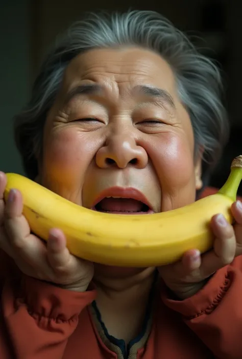 Japanese obese old woman opens her thick red lips、Close your eyes、Put a large banana in your mouth、Ugly、 with a banana in one hand、  close-up photo