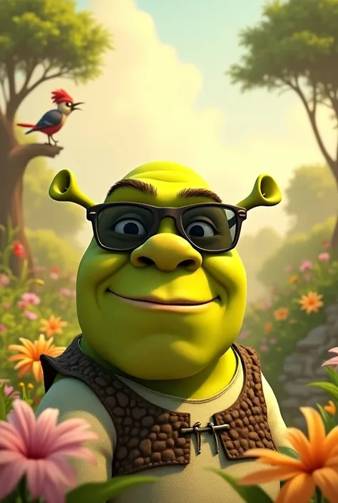 animated illustration of Shrek wearing sunglasses with a beige flower in the background and garden with sunshine, joy and the woodpecker on top of a tree in the background