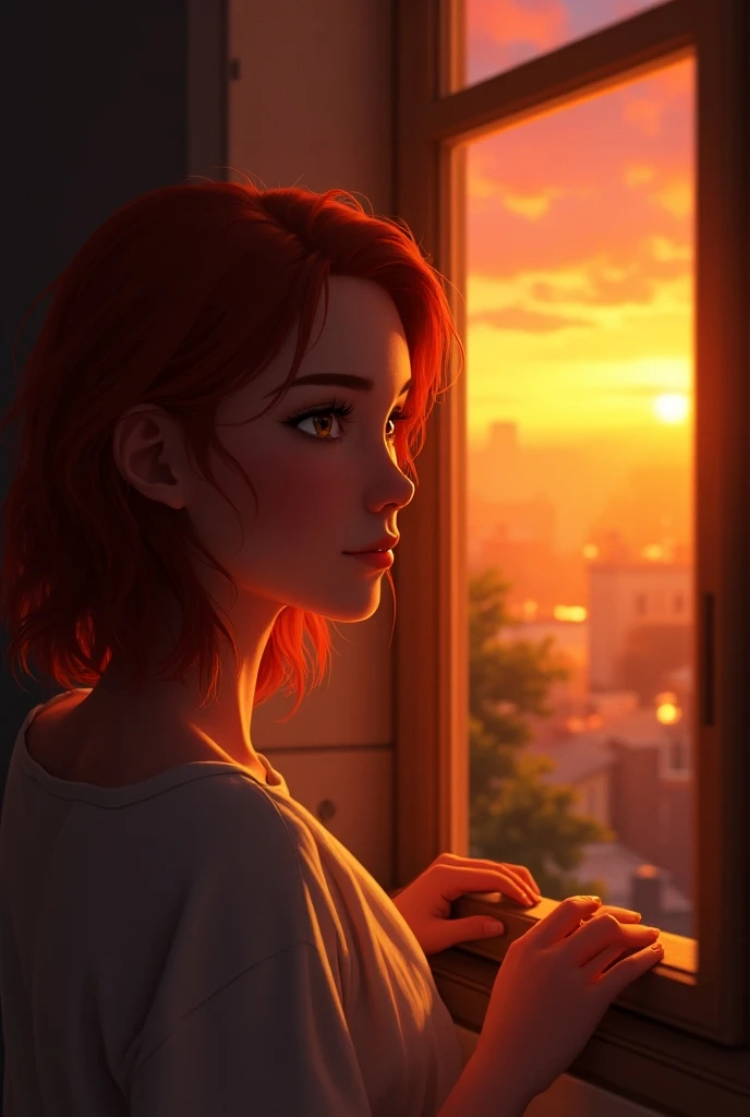 I want you to generate the following story ,  in a realistic style and that complies with the description and what you want to convey this story 
Sofia in her room,  for me looking out the window while the sunset colors the sky in warm colors . A thoughtfu...