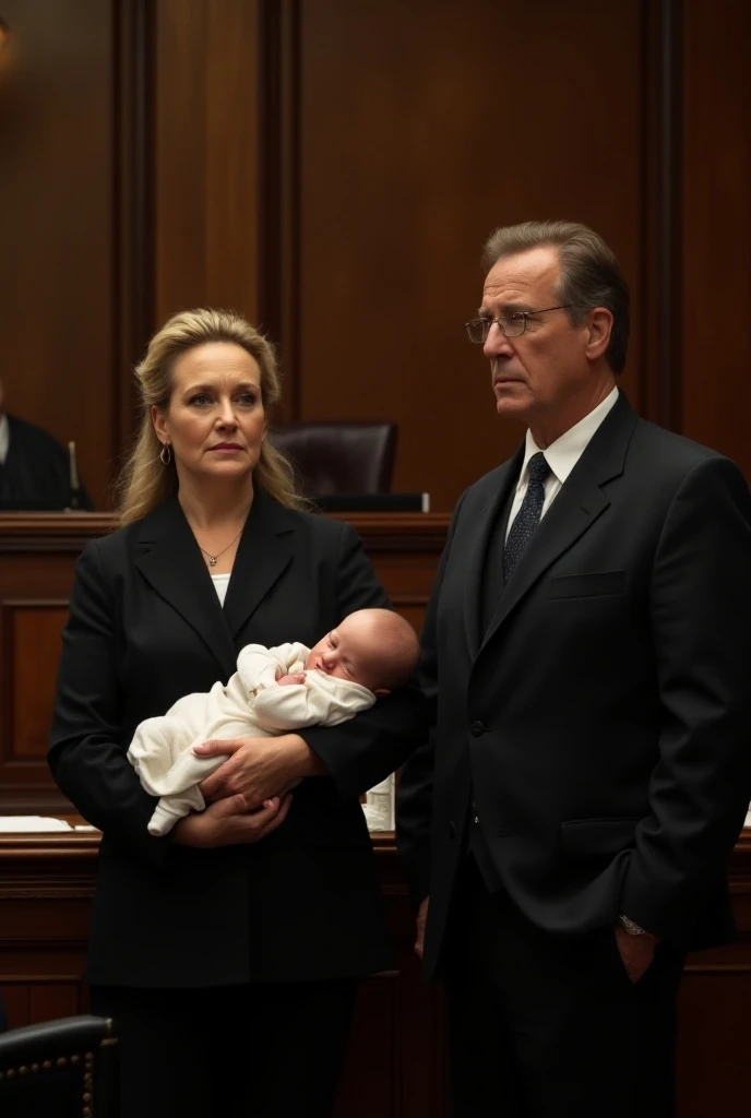  Maryl Streep with a baby in her arms and next to her Martin Short in a suit, both standing in a courtroom in front of a 75-year-old judge 