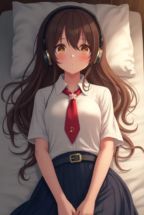  A girl with long brown hair to the middle of her back,  brown eyes, light skin, with a school uniform, a dark blue skirt,  a white shirt and a red tie ,  has a cherry buckle . She is lying on a bed, listening to music with her headphones with the perspect...