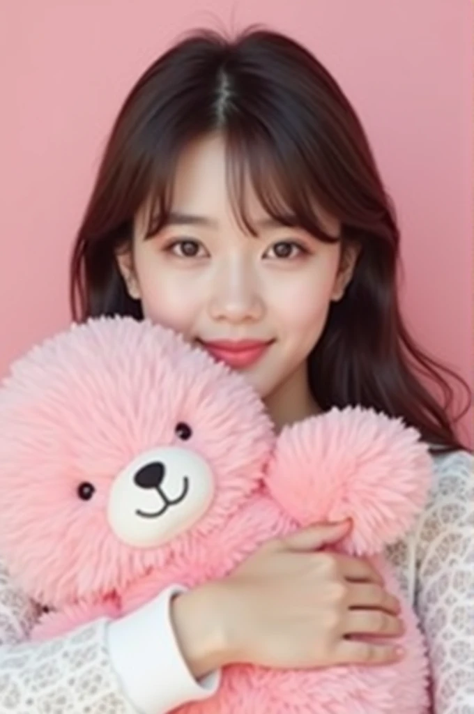 A photocards of a K-pop idol she is holding a pink stuffed animal