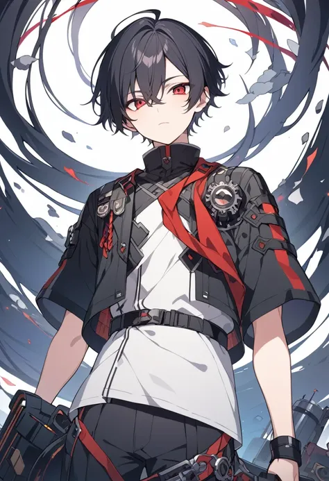 boy, short hair, black hair, red eyes, high resolution