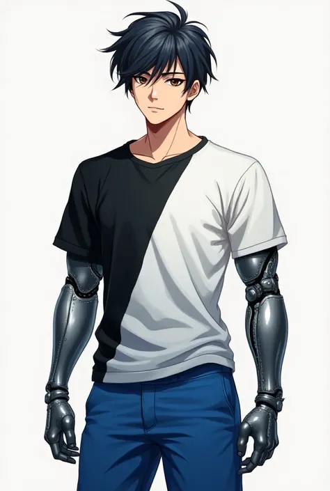 A 20-year-old boy with a metallic arm wearing a shirt with one half black and the other half white, blue pants in anime style 