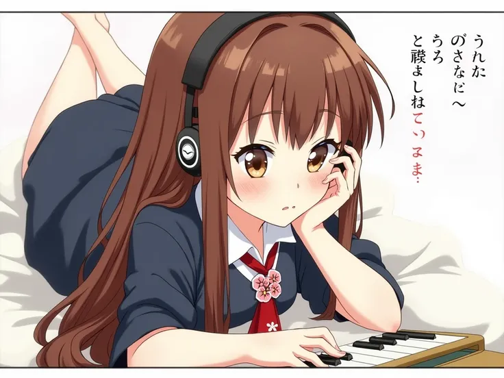  A girl with long brown hair to the middle of her back,  brown eyes, light skin, with a school uniform, a dark blue skirt,  a white shirt and a red tie ,  has a cherry buckle . She is lying on a bed, listening to music with her headphones with the perspect...