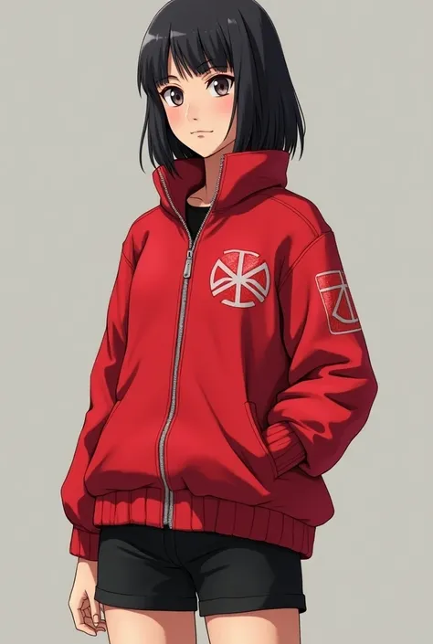 Sakura Haruno wearing a red jacket embroidered with the Konohagakure symbol Sakura wearing a short skirt and toeless shoes Black tight shorts  