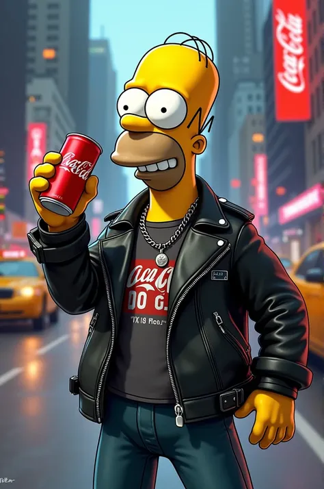 Homer Simpson urban dress with chains drinking a Coca-Cola in New York 