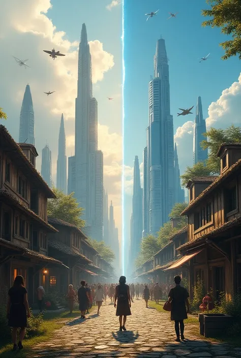 an image where in one half there is a very old city without technology in the field and in the other half already updated with flying cars and robots thanks to artificial intelligence that the line is very noticeable 