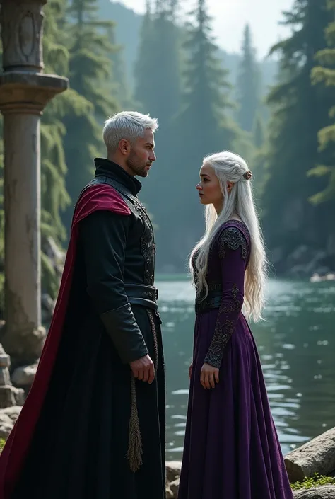 Game of Thrones panel 
create the image of two people a man with very short white hair, Lilac eyes and a medieval fitter style outfit ,  a girl one with white hair and lilac eyes wearing equally medieval riding clothes with some purple tones,  and they are...