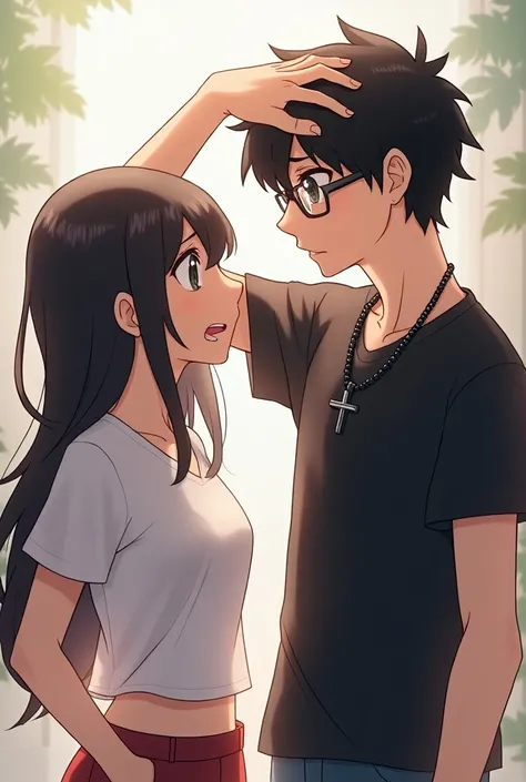  Create a profile picture of a girl with long hair who is 1 , 56 tall with a shirt up to the belly and a boy of 1 , 76 tall with a black shirt and a black cross chain pequena and glasses, As if it were anime, ela meio brava cm ele e ele com a mão na cabeça...