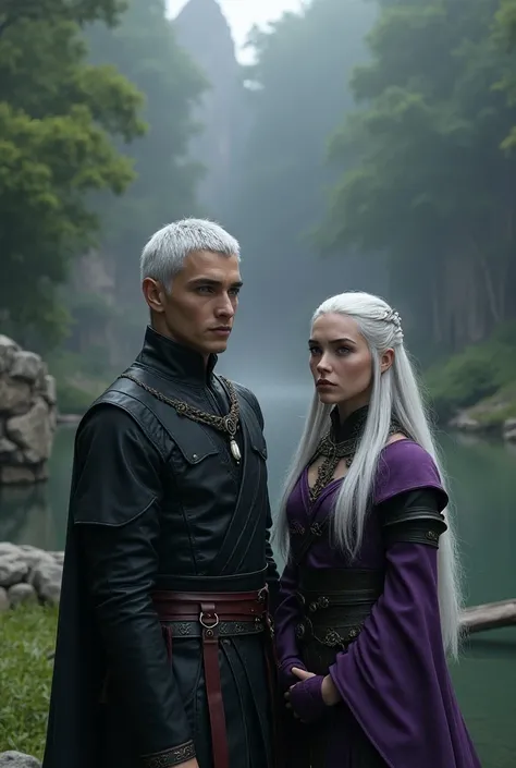 Game of Thrones panel 
create the image of two people a man with very short white hair, Lilac eyes and a medieval fitter style outfit ,  a girl one with white hair and lilac eyes wearing equally medieval riding clothes with some purple tones,  and they are...