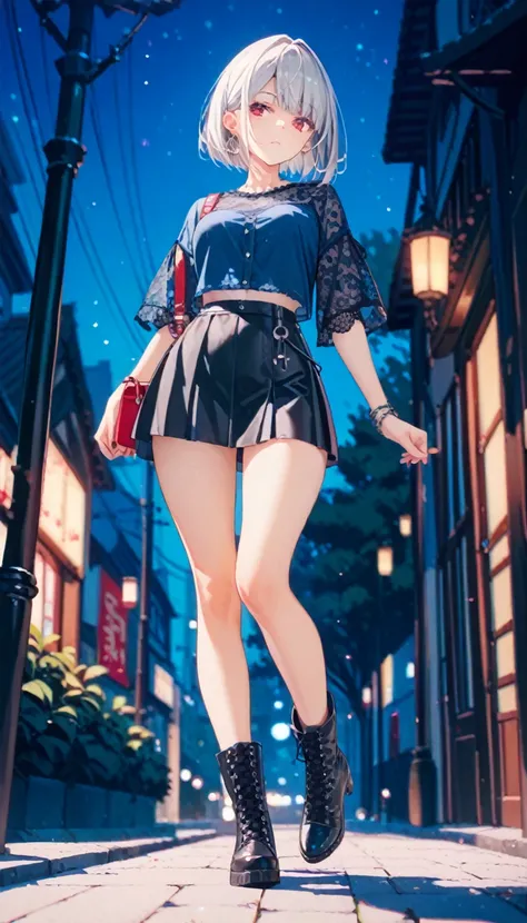 acrylic color,ultra detailed,1girl,silver hair,bob cut,red eyes,lace up shirt,blue shirt,mini skirt,black boots,outdoor,night,lace up sleeve