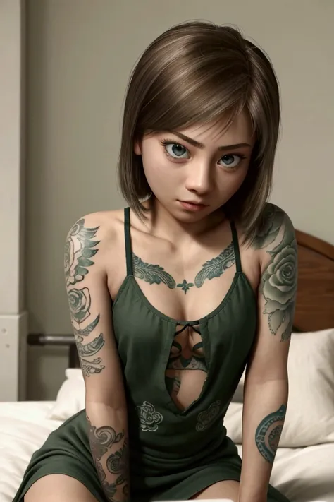 a close up of a woman in a green dress on a bed, a tattoo by android jones, instagram, tachisme, of taiwanese girl with tattoos,...