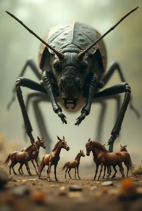 5 horses the size of a cockroach versus a cockroach with a size of 1 horse
