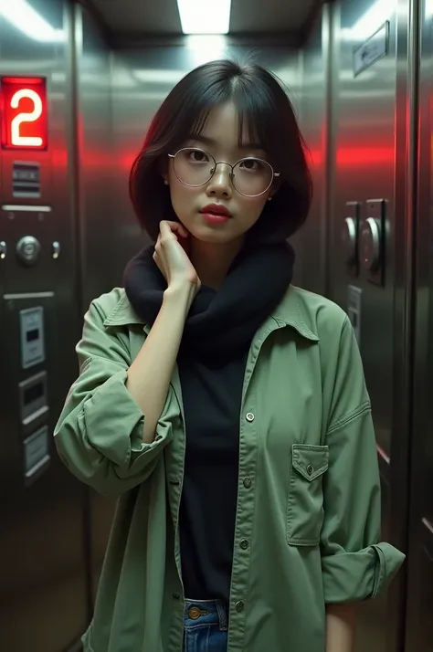 A young woman with dark hair is standing in an elevator, taking a mirror selfie with her smartphone. She is wearing round glasses, a light green oversized shirt with rolled-up sleeves, a black t-shirt underneath, and a loosely draped black scarf. Her expre...