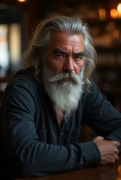 masterpiece, photograph capturing the emotional journey of an of a manly, masculine, grizzled rugged silver daddy with very long silky straight hair and very big dense detailed beard, big bushy dark brows, at bar, view at viewer, by mort kunstler