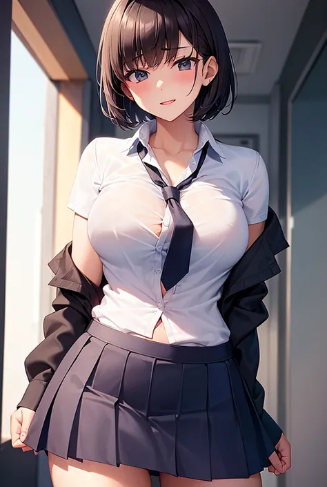  cute short-haired schoolgirl in school uniform wearing blazer and tie,  Cute short-haired schoolgirl in a school uniform with a blazer and tie, with large breasts and erect nipples ,  and her shirt pulled up to reveal her bare breasts  , Upskirt/Panty sho...