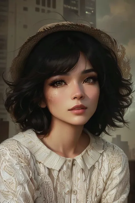 Close-up of a woman posing for a photo(วอลล์เปเปอร์ CG unity 8k ที่ Very Detailed ),( Masterpiece ), (  Best quality ), ( Very Detailed ), (  Best Illustrations  ),( best silhouette ), Cowboy Shooting, (sharp eyeliner, eyelid, Detailed Eyes:1.1), (City bac...