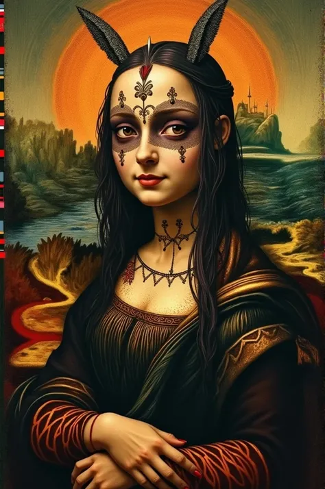  create a reinterpretation of the monalisa ,  but ,  that the monalisa is not the monalisa but the character from Brazilian folklore Curupira,  keeping all the main concepts of the original work , But with much less detail 