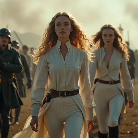 A battle scene from the 19th century: female soldiers as prisoners of war marching over a battlefield.  The 18 year old captured recruits with long, curly blonde hair are being escorted by seasoned male rebel soldiers in dark uniforms. The young female rec...