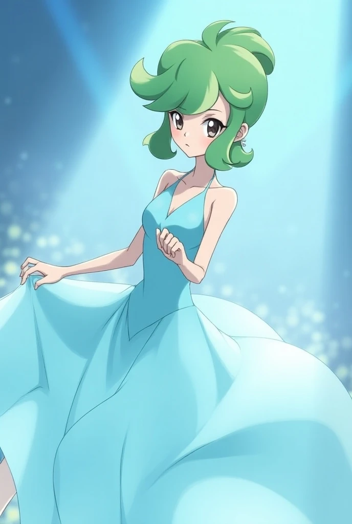 "Create an image of a shiny Gardevoir, styled after the Pokémon anime Diamond and Pearl. She has her elegant, flowing dress-like form in light blue and silver, with graceful arms and a calm, serene expression. On her head, she wears a delicate accessory sh...