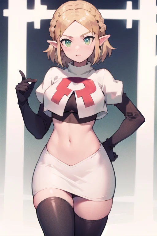 zelda, green eyes, short hair ,team rocket,team rocket uniform,white skirt,red letter r,crop top,black thigh-highs,black elbow g...