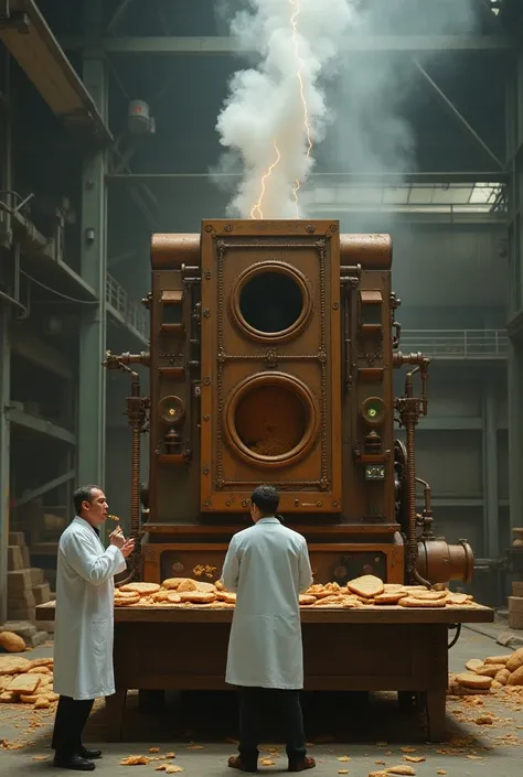 (((Regular size bread))),  artistic toaster with meshing gears , Box-shaped toaster 、 toaster with pale lightning sparks,  giant toaster installed in a warehouse , toaster, Doctor in white coat eating burnt toast, A table lined with bread、Burnt toast is pl...