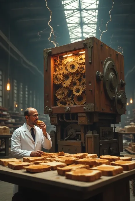 (((Regular size bread))),  artistic toaster with meshing gears , Box-shaped toaster 、 toaster with pale lightning sparks,  giant toaster installed in a warehouse , toaster, Doctor in white coat eating burnt toast, A table lined with bread、Burnt toast is pl...