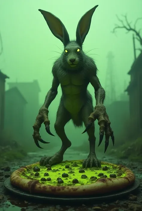  A monstrous rabbit with sharp and large claws , on top of a green pizza , with a Chernobyl landscape 