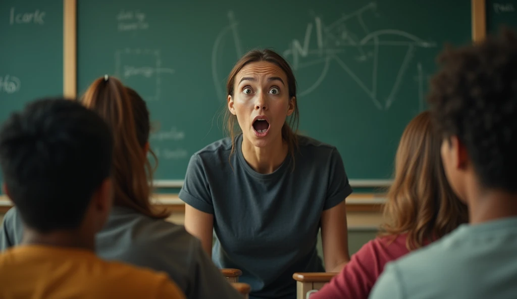 Cenematographic image of a very amazed and shocked person watching a teacher teach 
.