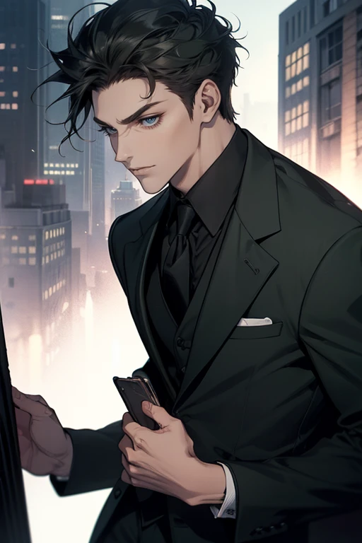 ((One man with a black suit and tie)), gotham, 1980s, alejandro, (((one-side swept black short hair))), (dark green eyes and thick eyebrows), smirk, ((20 years old)), ((masterpiece)), posture dynamic,