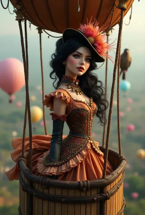 Beautiful woman with dark hair looking into the distance , dressed in a colorful hatter costume in a setting of Charlie and the Chocolate Factory in a big hot air balloon with a bird