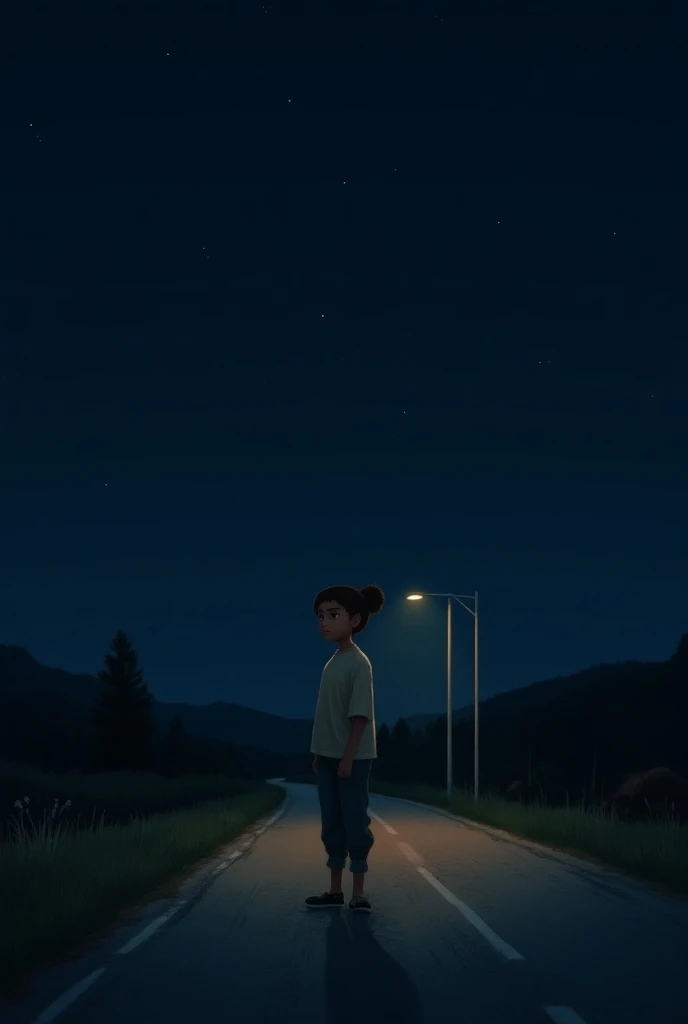 Generate a realistic photo of a brown teenager standing on a dark road without houses with a pole light, and the sky with stars  